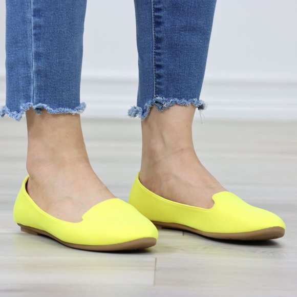 Neon Yellow Faux Suede Rounded Toe Slip On Flat Shoes - Picture 2 of 11